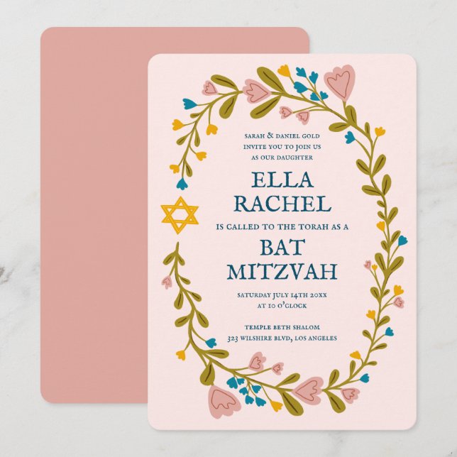 Invitation Bat mitzvah à couronne florale sur mesure dessiné  (Devant / Derrière)