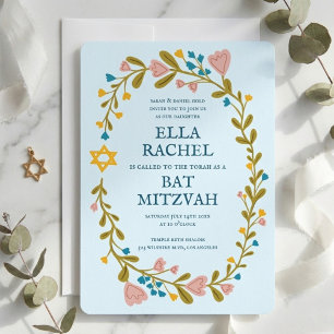 Invitation Bat mitzvah à couronne florale sur mesure dessiné 