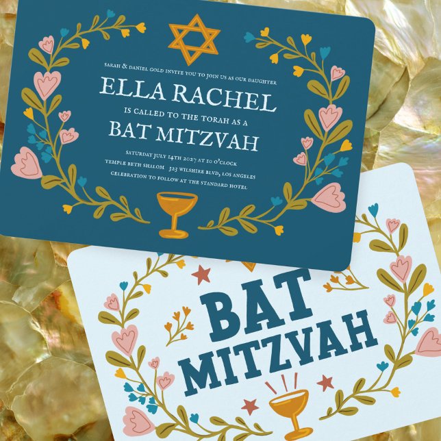 Invitation Bat mitzvah à couronne florale sur mesure dessiné  (Floral Wreath Bat Mitzvah Hand-drawn Custom Invitation
)