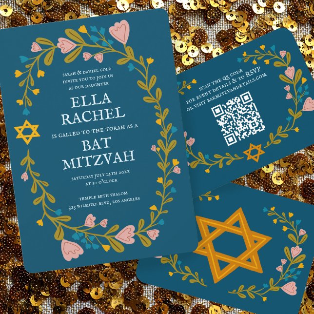 Invitation Bat mitzvah à couronne florale sur mesure dessiné  (Floral Wreath Bat Mitzvah Hand-drawn Custom Invitation
)