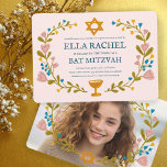 Invitation Bat mitzvah à couronne florale sur mesure dessiné<br><div class="desc">Carte parfaite pour annoncer une bar mitzvah, bat mitzvah ou autre célébration juive ! L'art fait main pour vous ! ENTIÈREMENT PERSONNALISABLE ! Cliquez sur "Personnaliser" ci-dessus pour modifier le texte et ajouter votre propre photo au verso. Cliquez sur "modifier à l'aide de l'outil de conception" pour ajuster les polices,...</div>