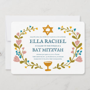 Invitation Bat mitzvah à couronne florale sur mesure dessiné 