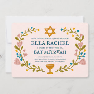 Invitation Bat mitzvah à couronne florale sur mesure dessiné