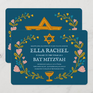 Invitation Bat mitzvah à couronne florale sur mesure dessiné 