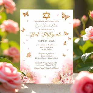 Invitation Bat mitzvah à huile d'or florale de papillons