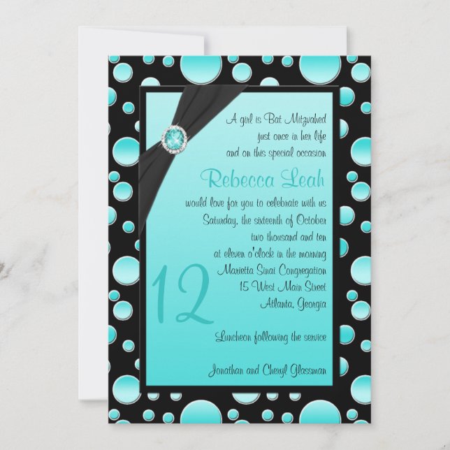 Invitation Bat mitzvah Aqua and Black Polka Dot (Devant)