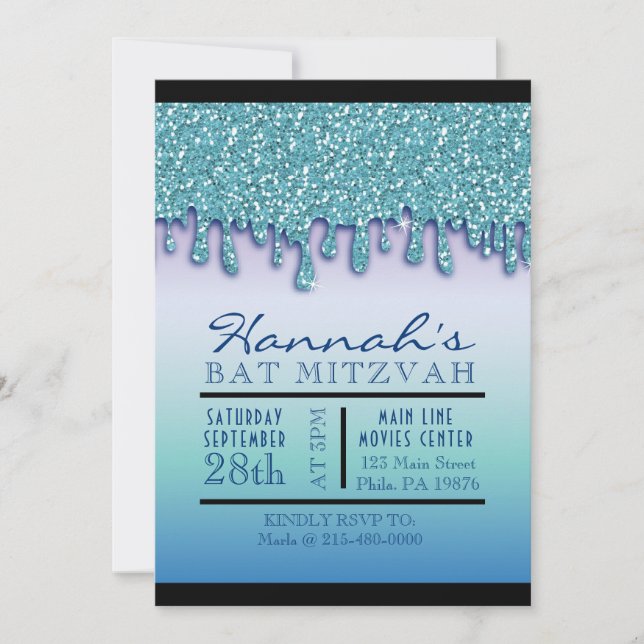 Invitation Bat mitzvah Aqua Blue Sparkle Drippy (Devant)
