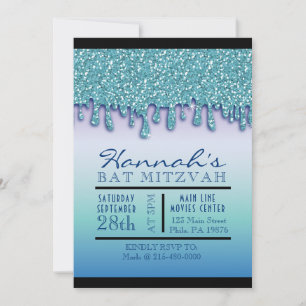 Invitation Bat mitzvah Aqua Blue Sparkle Drippy