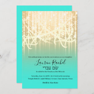 Invitation Bat mitzvah Aqua Gold Sparkly Lumières