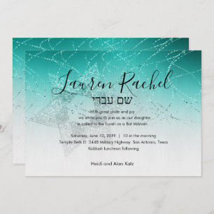 Invitation Bat mitzvah Aqua Green Star de David Glittery