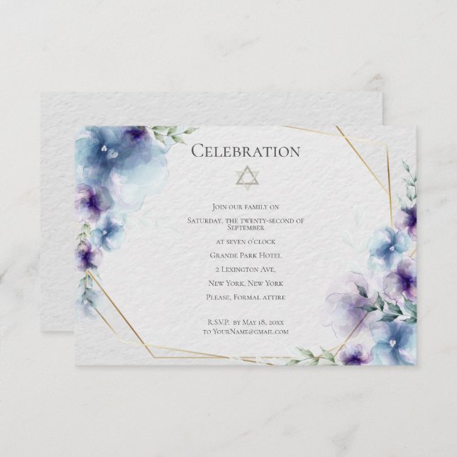 Invitation BAT MITZVAH | Aquarelle bleu et violet Floral (Devant / Derrière)