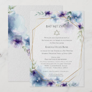 Invitation BAT MITZVAH   Aquarelle bleu et violet Floral 2
