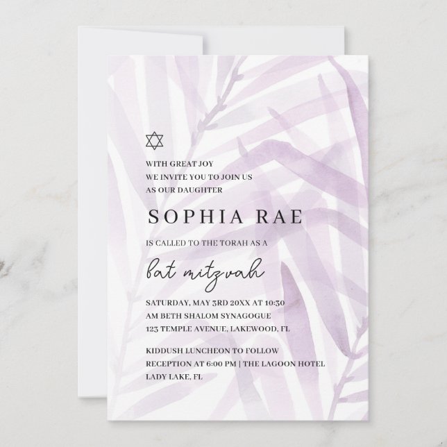 Invitation Bat Mitzvah Aquarelle Botanique (Devant)