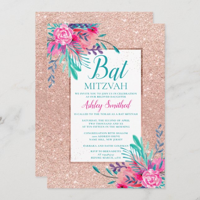 Invitation Bat Mitzvah aquarelle florale pailletée or rose (Devant / Derrière)