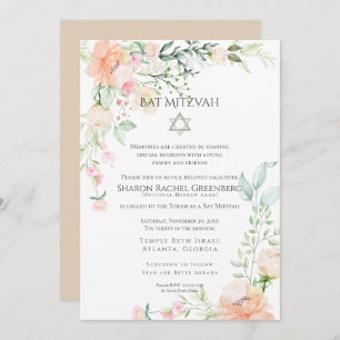 Invitation BAT MITZVAH   Aquarelle Flore ressort Verset 3