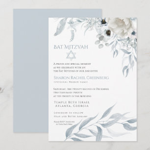 Invitation Bat mitzvah Aquarelle moderne bleu-duché Floral