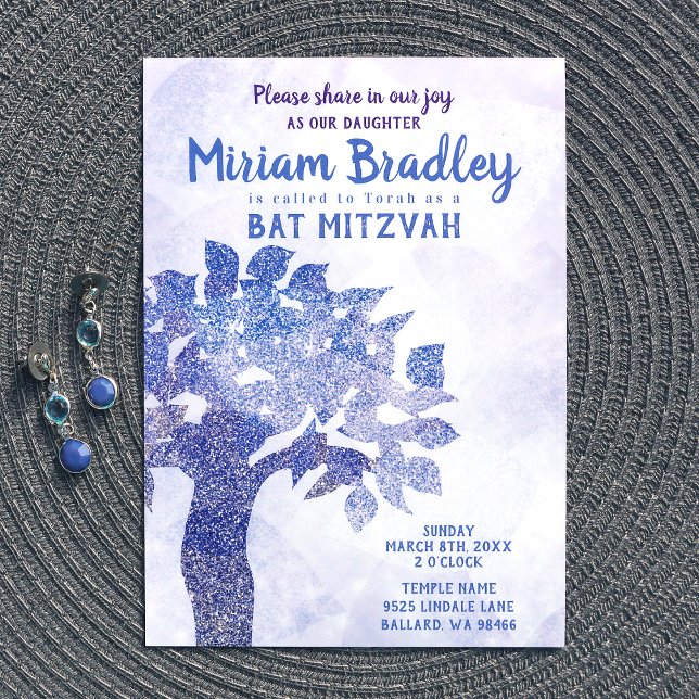 Invitation Bat Mitzvah Arbre de Vie Bleu (light blue glitter tree of life bat mitzvah invitations)