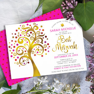 Invitation Bât Mitzvah Arbre de Vie Rose Moderne Feuille D'or
