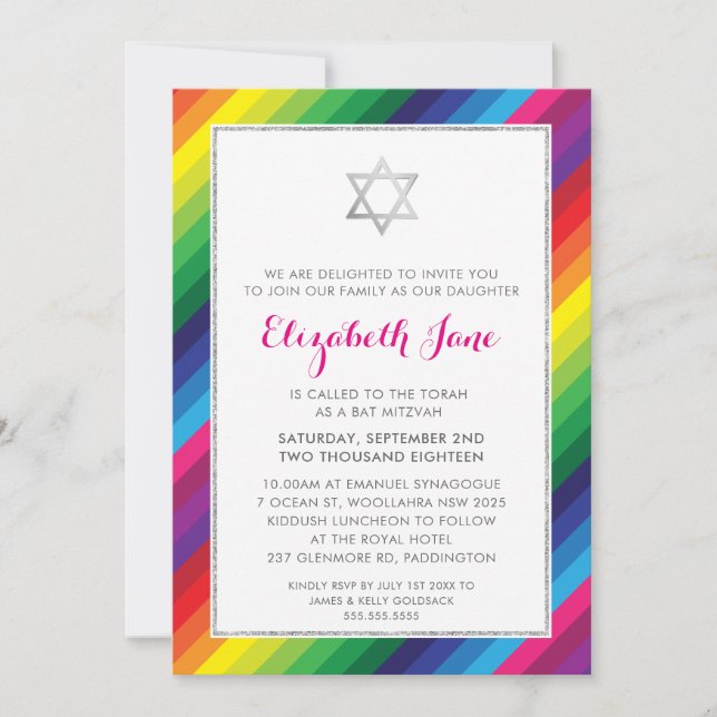 Invitation BAT MITZVAH arc-en-ciel bande motif argent parties (Devant)