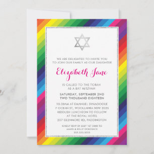 Invitation BAT MITZVAH arc-en-ciel bande motif argent parties
