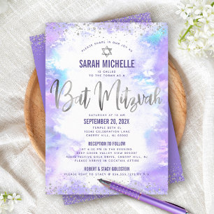 Invitation Bat Mitzvah Argent Violet Aquarelle Féminin 2 Lieu