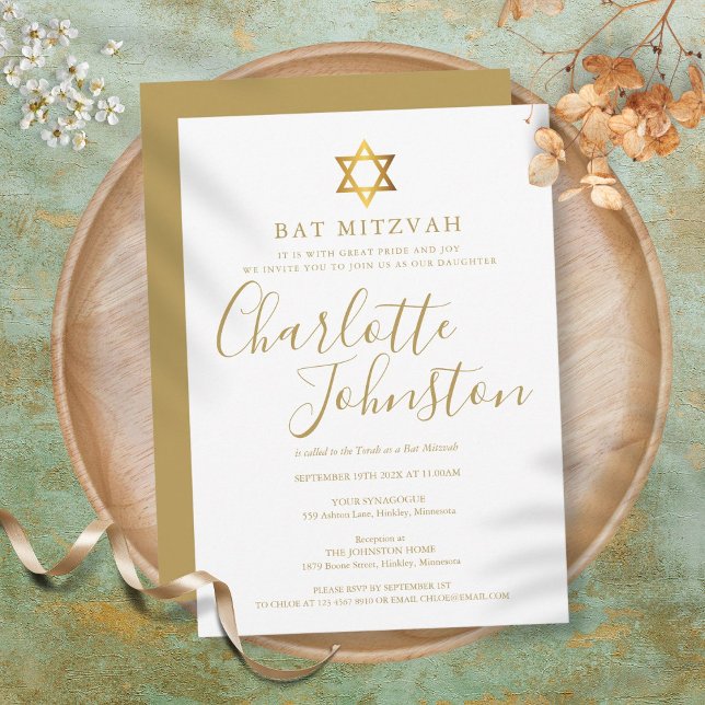 Invitation Bât Mitzvah, Bar Mitzvah écriture moderne en or (Bat Mitzvah, Bar Mitzvah Modern Gold Script Invitation)