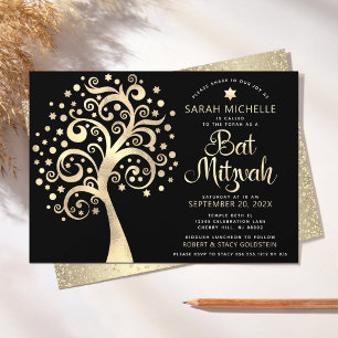 Invitation Bat mitzvah Black Gold Foil Arbre de vie Script