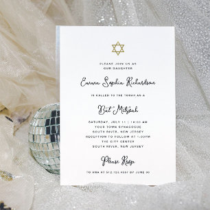 Invitation Bat mitzvah blanc et or blanc doux et simple