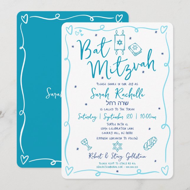 Invitation Bat Mitzvah Bleu Amusant Doodle Dessiné à la Main  (Devant / Derrière)