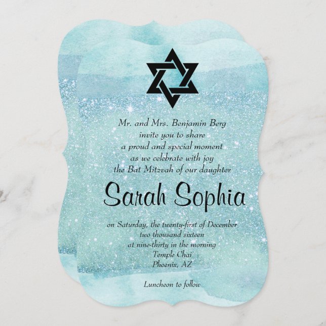 Invitation Bat mitzvah bleu, aquarelle, turquoise, Parties sc (Devant / Derrière)