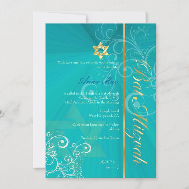 Invitation Bat mitzvah/bleu d'aqua/or (Devant)