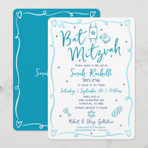 Invitation Bat Mitzvah Bleu Dessins à Main Levée Nom Hébreu