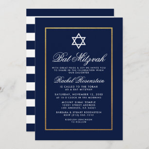 Invitation Bat mitzvah Bleu et Blancs Or