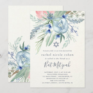 Invitation Bat mitzvah bleu et rose de pivoine