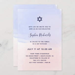 Invitation Bat mitzvah bleu et rose en pastel de l'aquarelle