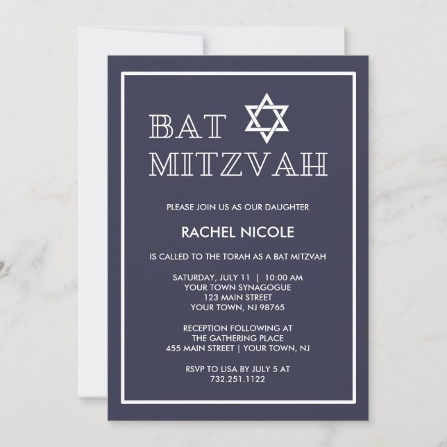 Invitation Bat mitzvah bleu foncé et blanc simple et moderne (Devant)