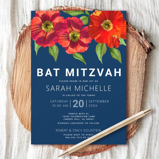 Invitation Bat mitzvah bleu marine Aquarelle rouge Floral Mod (Créateur téléchargé)