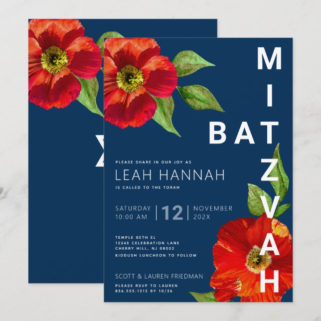 Invitation Bat mitzvah bleu marine Rouge Floral Aquarelle mod (Devant / Derrière)
