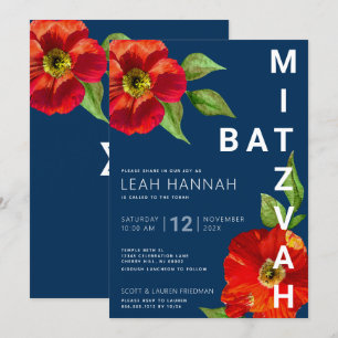 Invitation Bat mitzvah bleu marine Rouge Floral Aquarelle mod