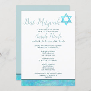 Invitation Bat mitzvah Bleu Opal Aquarelle Chic Élégant