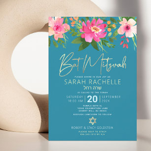 Invitation Bat Mitzvah Bleu Or Écriture Florale Aquarelle