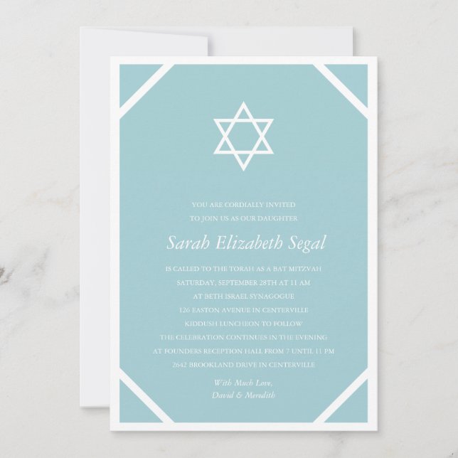 Invitation Bat mitzvah bleu simple et élégant (Devant)
