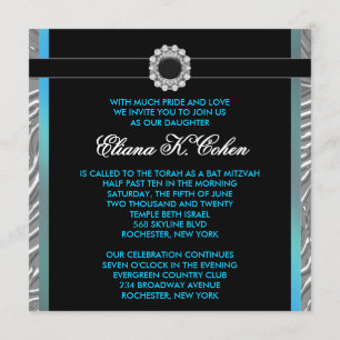 Invitation Bat mitzvah bleu turquoise de zèbre