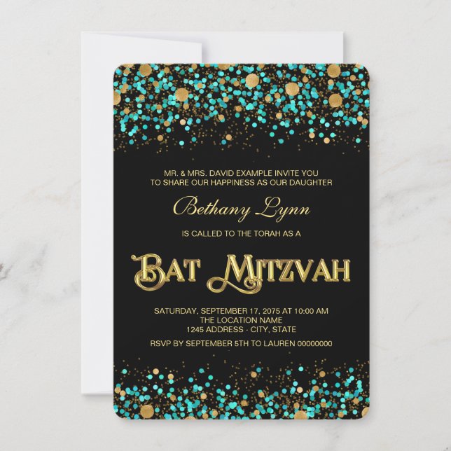 Invitation Bât Mitzvah Bleu Turquoise et Or (Devant)
