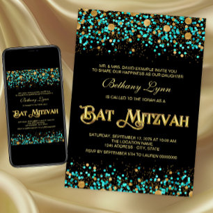 Invitation Bât Mitzvah Bleu Turquoise et Or