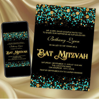 Invitation Bât Mitzvah Bleu Turquoise et Or