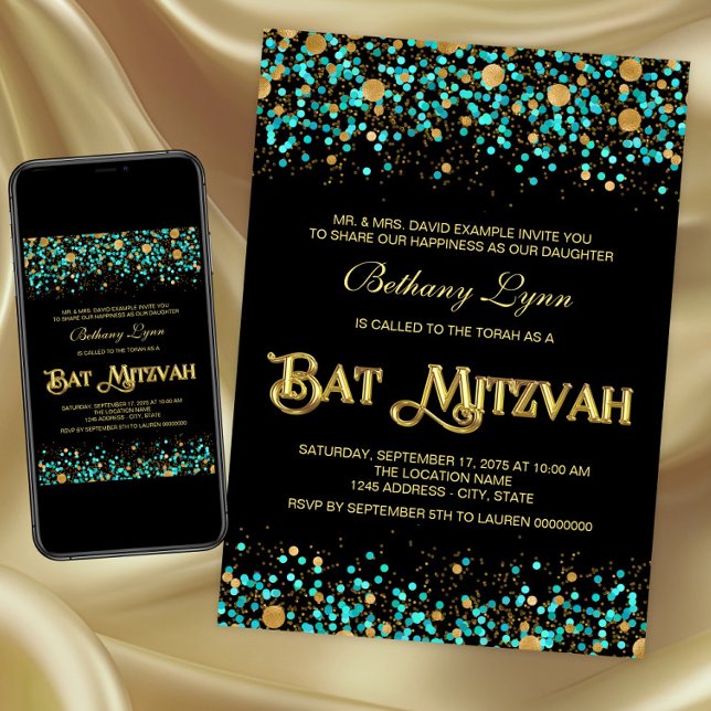 Invitation Bât Mitzvah Bleu Turquoise et Or (Teal blue and gold Bat Mitzvah invitation. Digital download and printed invitations available.)