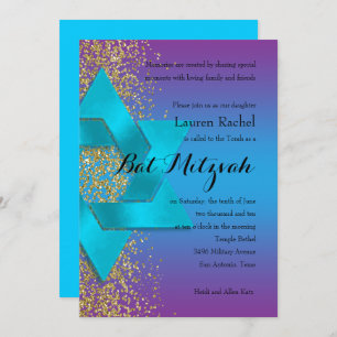 Invitation Bat mitzvah Bleu Violet Ombre Faux Parties scintil