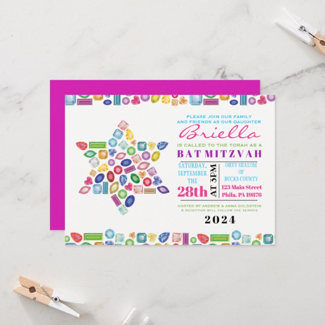 Invitation Bat mitzvah BLING Gemstone (Devant/Arrière en situation)