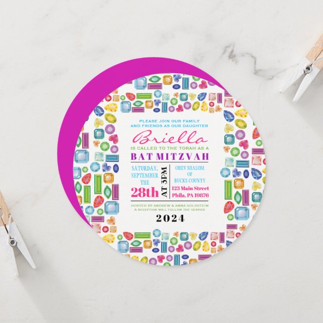 Invitation Bat mitzvah BLING Gemstone (Devant/Arrière en situation)